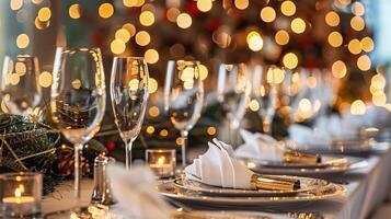 Elegant holiday dining table with twinkling lights and festive setting photo