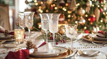 Elegant holiday table setting with crystal glassware and festive christmas decorations photo