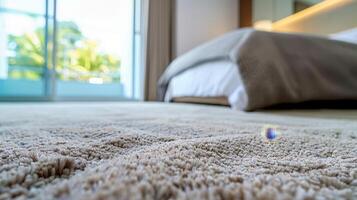 Cozy indoor bedroom with soft carpet focus and natural light photo