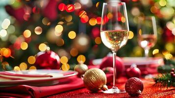 Elegant holiday dinner table with wine glass and festive ornaments photo