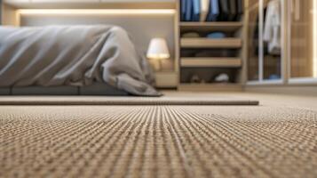 Cozy modern bedroom with focus on textured carpet and contemporary design elements photo