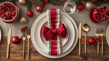 Elegant holiday table setting with red and gold decorations for festive celebrations photo