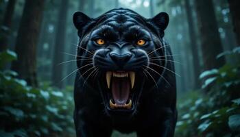 A Majestic Black Panther Roaring in a Dark Forest Setting. A Stunning Wildlife Image photo