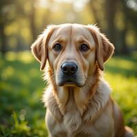 Golden Retriever Portrait in a Sunny Meadow. A Captivating Canine Close-Up photo