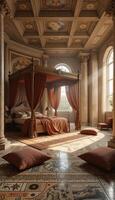 Serene Sunlight in a Luxurious Master Bedroom with Ornate Four Poster Bed and Intricate Floor Design photo