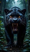 A Majestic Black Panther Roaring in the Mysterious Depth of a Dark Forest photo