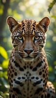 Magnificent Leopard Portrait. Wild Cat in Lush Jungle Habitat photo