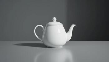 Elegant White Teapot on Grey Surface. Still Life Photography of Classic Teaware photo