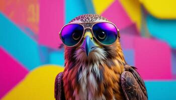 A Cool Hawk Wearing Sunglasses Against a Vibrant Colorful Background photo