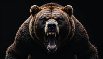 Grizzly Bear Roaring in the Darkness A Powerful Wildlife Image photo