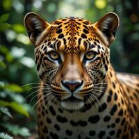 Magnificent Leopard Portrait. A Close-Up Encounter with a Wild Cat in its Lush Habitat photo