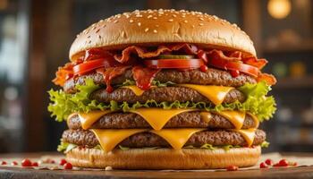 Gigantic Triple Decker Cheeseburger with Bacon and Lettuce, A Delicious Fast Food Feast photo