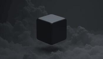 Mysterious Black Cube Floating Above Dark Clouds. A 3D Render of Enigma and Abstraction photo