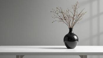 Elegant Minimalist Home Decor Still Life. Black Vase with Dried Branches on White Table photo