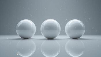 Three Perfect White Spheres Reflecting on a Smooth Surface, Minimalist 3D Render with Subtle Light Particles photo