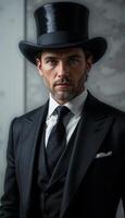 A Sophisticated Gentleman in a Black Top Hat and Three-Piece Suit, Portrait Photography photo