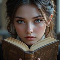 Portrait of a Young Woman with Green Eyes Reading an Antique Book. A Study in Soft Lighting and Intriguing Gaze photo