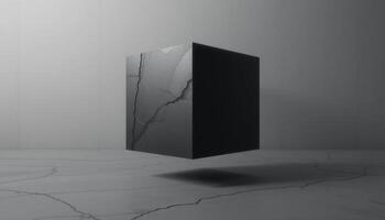 Cracked Black Cube Hovering Above a Cracked Surface Minimalist 3D Render Abstract Art photo