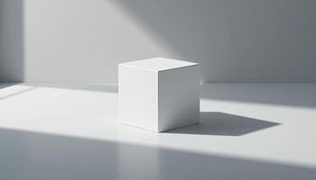 Minimalist White Cube Display Stand in Sunlit Room. Product Presentation Mockup photo