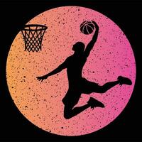 Sunset Retro Background with Basketball Player Silhouette vector
