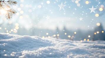 Soft, blurred background of white snow with bokeh lights and sparkling stars, creating an enchanting winter scene ideal photo