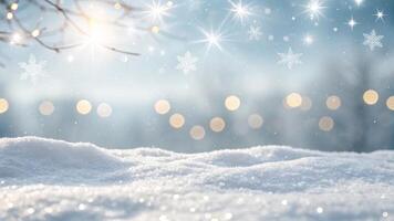 Soft, blurred background of white snow with bokeh lights and sparkling stars, creating an enchanting winter scene ideal for product display or digital art design. photo
