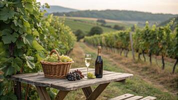 A rustic wooden table set for two in a vineyard, with a basket of fresh grapes and a bottle of sparkling grape juice photo
