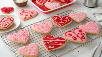 A flat lay of heart-shaped sugar cookies with pink and red icing, arranged on a cooling rack photo