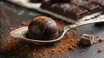 A close-up of a chocolate truffle with a dusting of cocoa powder, placed on a vintage silver spoon photo