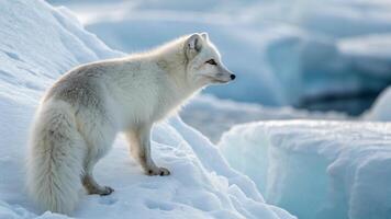 An arctic fox with its back turned, looking over its shoulder, with its white fur blending into the snowy background photo