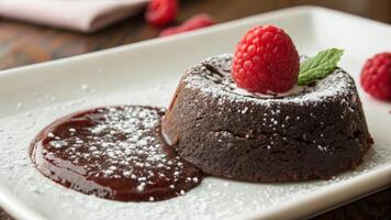 A close-up of a chocolate lava cake with a molten center, dusted with powdered sugar, and a raspberry on top photo