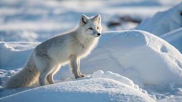 An arctic fox with its eyes wide open, curiously exploring the snowy environment photo