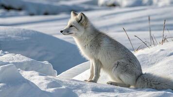 An arctic fox with its ears perked up, listening attentively photo