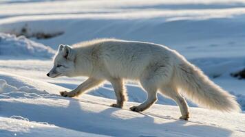 An arctic fox with its nose twitching, sniffing the snowy ground under natural light photo