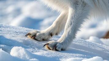 A close-up of an arctic fox s paw, with its white fur and sharp claws photo