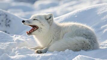 A top view of an arctic fox lying in the snow, with its white fur perfectly camouflaged photo