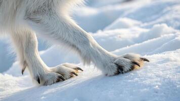 A close-up of an arctic fox s paw, with its white fur and sharp claws, against a snowy background photo