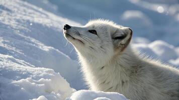 An arctic fox with its head tilted, curiously looking at something in the snow under natural light photo