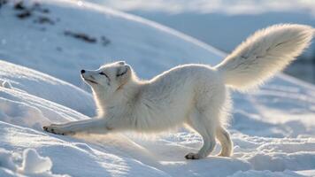 An arctic fox stretching in the snow photo