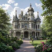 Victorian Mansion with Intricate Details and Lush Garden photo