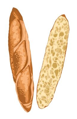 A large baguette and slices with texture