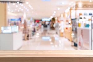 Abstract blurred image of cosmetics department store in the mall with empty table top photo