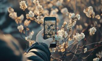 A person taking a photo of flowers with their phone