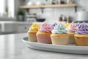 Cupcakes on a plate in a kitchen photo