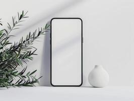 mockup of a smartphone with a plant on a white surface photo
