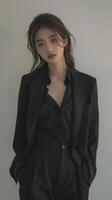 a woman in black suit posing for the camera photo