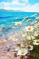 Daisies on the beach with water and sky photo