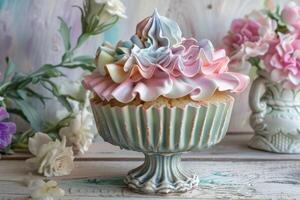 A cupcake with pink and white frosting on top photo