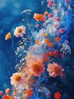 A painting of flowers and water on a blue background photo