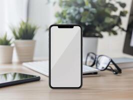 mockup of an phone on a wooden desk photo